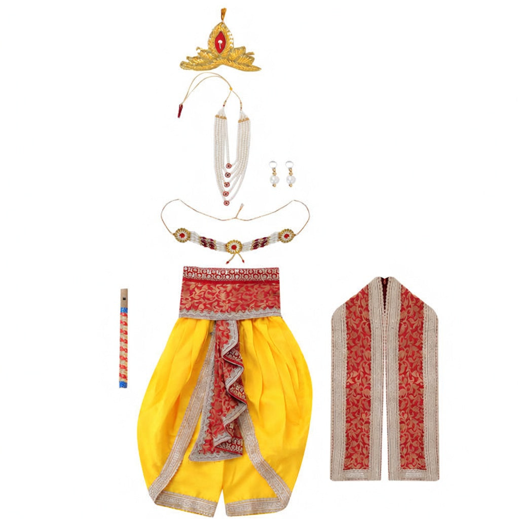 Krishna Costume for Kids - Red Patka & Yellow Dhoti - accessories set