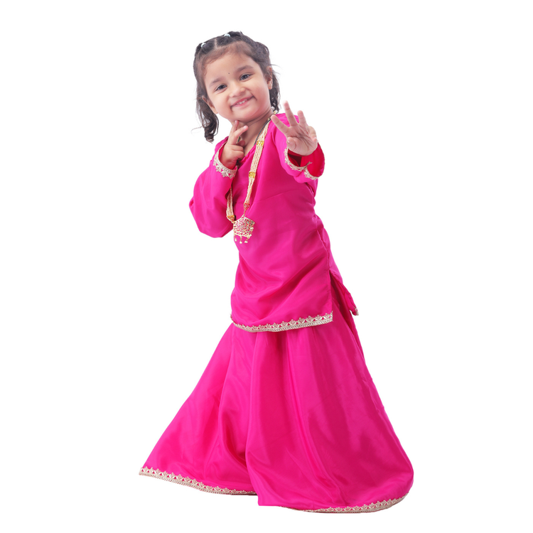 Little Girls Pink Lehenga Choli Set with Embellished Border and Necklace Accessory