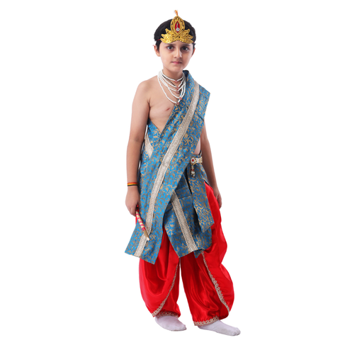 Krishna fancy costume for kids - satin red dhoti with teal blue patka