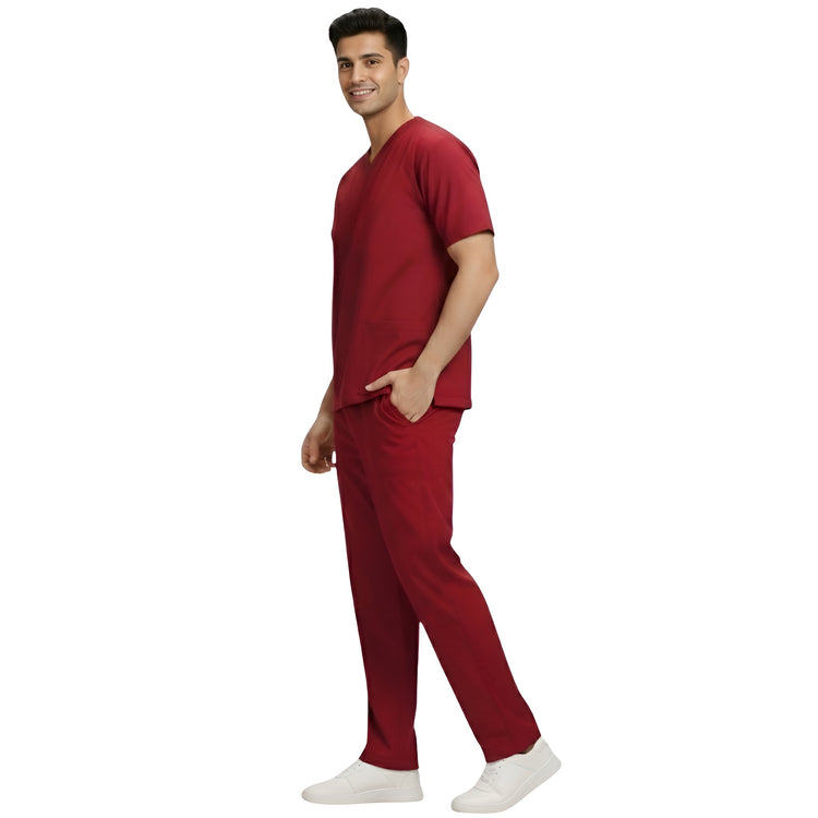 Medical Scrubs Set Men Comfort Fit – Maroon V-Neck T-Shirt & Pants