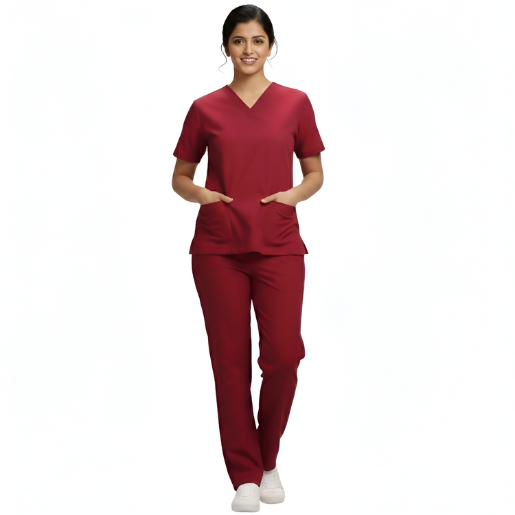 Medical Scrubs Set Women Comfort Fit – Maroon V-Neck T-Shirt & Pants
