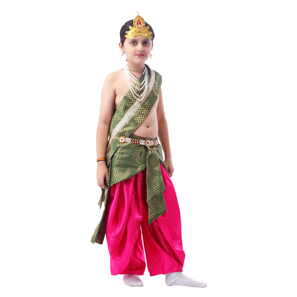 Krishna Dress-Up Kid Portraying a Divine Character with Elegant Crown, Jewelry Layers, and Vibrant Ethnic Outfit