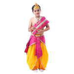 Little Krishna Costume for Kids Wearing Ornate Crown, Pearl Necklaces, and Yellow Dhoti Ensemble
