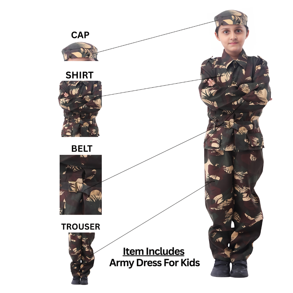 Kids Army Style Uniform Costume Set – Military Shirt, Trousers, Cap & Salute Outfit