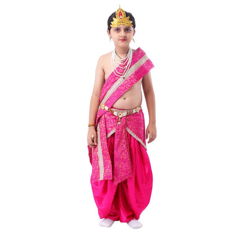 Little Krishna Costume for Kids Wearing Ornate Crown, Pearl Necklaces, and Festive Dhoti Ensemble