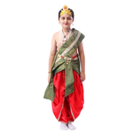 Little Krishna Costume for Kids Wearing Ornate Crown, Pearl Necklaces, and Festive Dhoti Ensemble