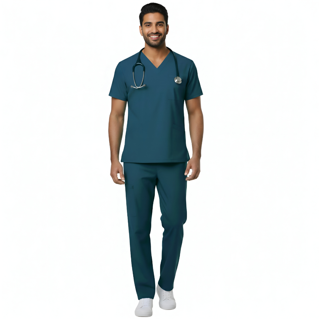Medical Scrubs Set Men Comfort Fit – Teal Dark Blue V-Neck T-Shirt & Pants