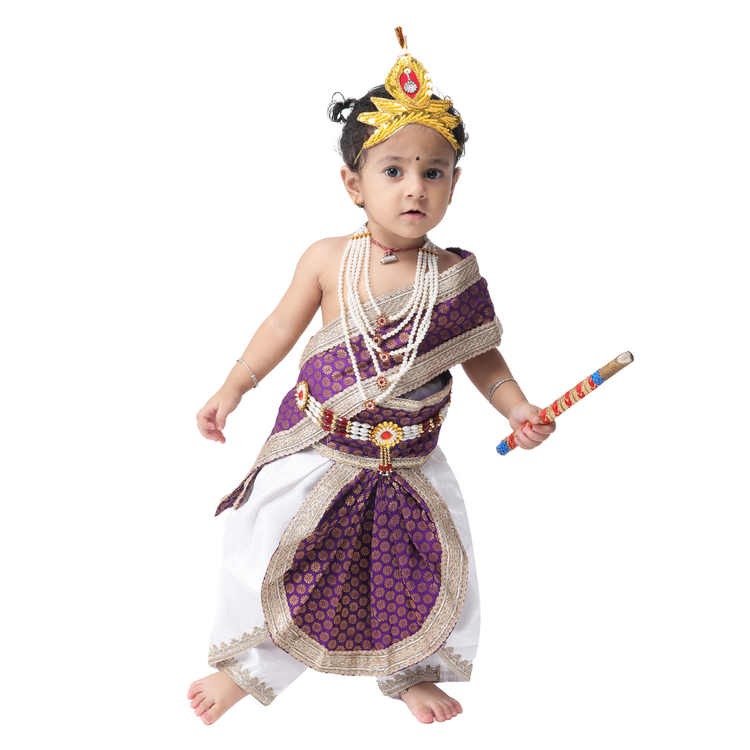 Krishna Fancy Costume for Kids Dress Purple Pakta - White Dhoti Includes Accessories