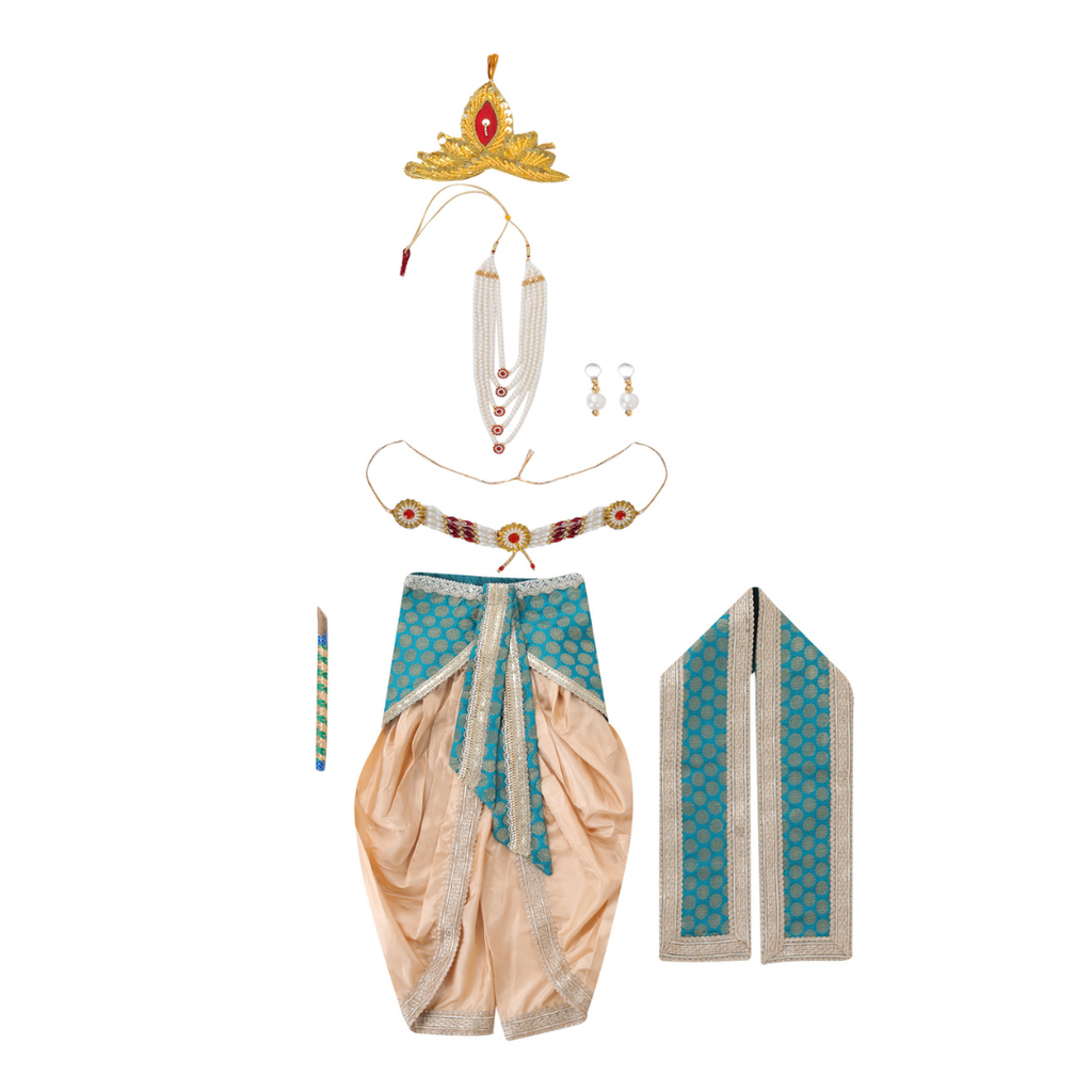 Krishna Fancy Costume for Kids Dress Teal Green Pakta - Golden Dhoti Includes Accessories