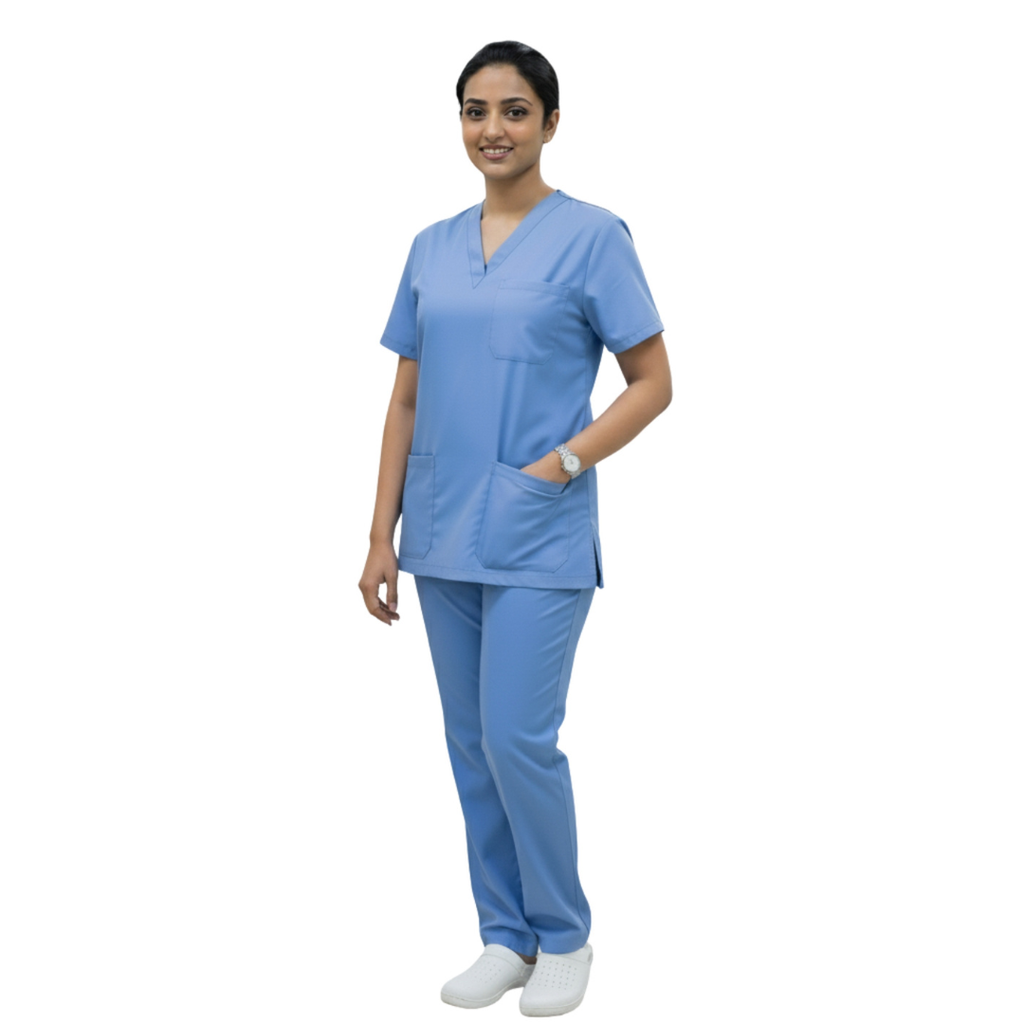 Medical Scrubs Set Women Comfort Fit – Blue V-Neck T-Shirt & Pants
