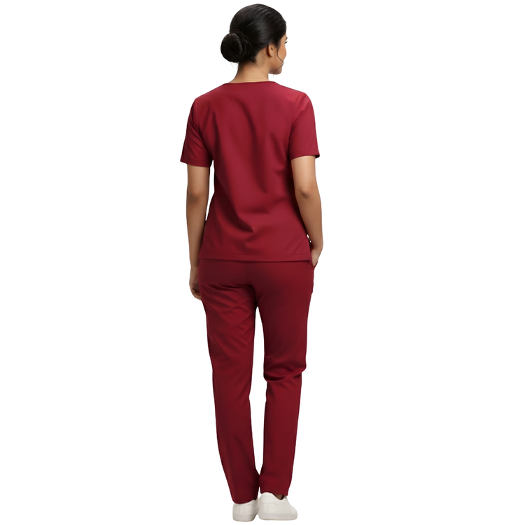 Medical Scrubs Set Women Comfort Fit – Maroon V-Neck T-Shirt & Pants