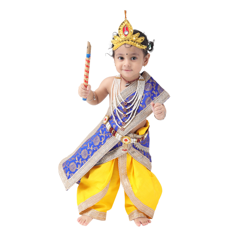 Krishna Fancy Costume for Kids Dress Blue Pakta - Yellow Dhoti Includes Accessories