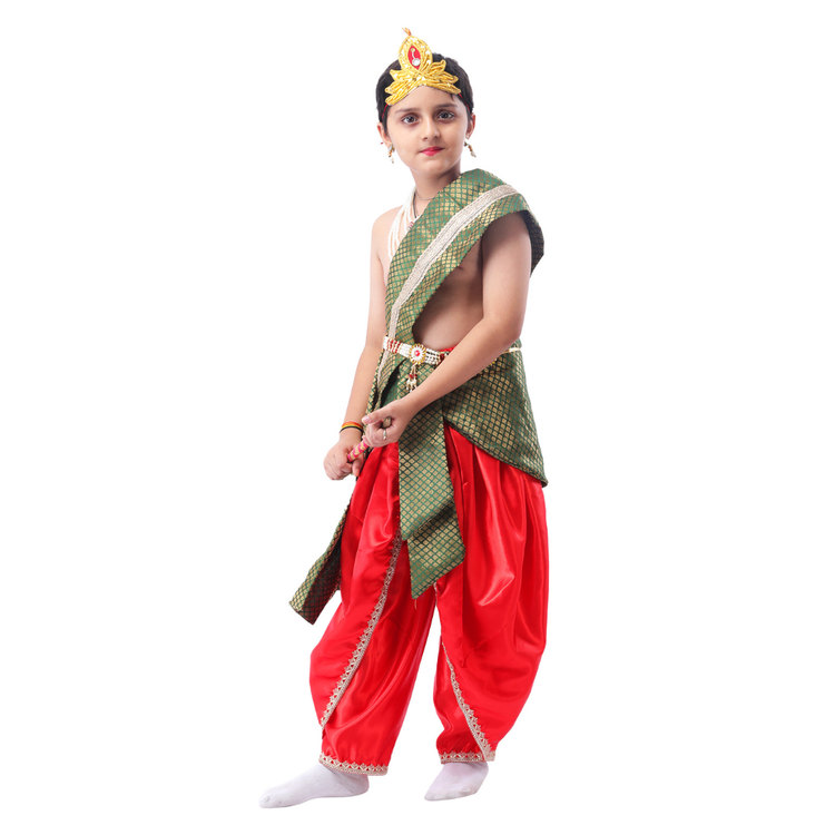 Little Krishna Costume for Kids Wearing Ornate Crown, Pearl Necklaces, and Festive Dhoti Ensemble