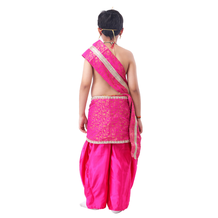 Little Krishna Costume for Kids Wearing Ornate Crown, Pearl Necklaces, and Festive Dhoti Ensemble