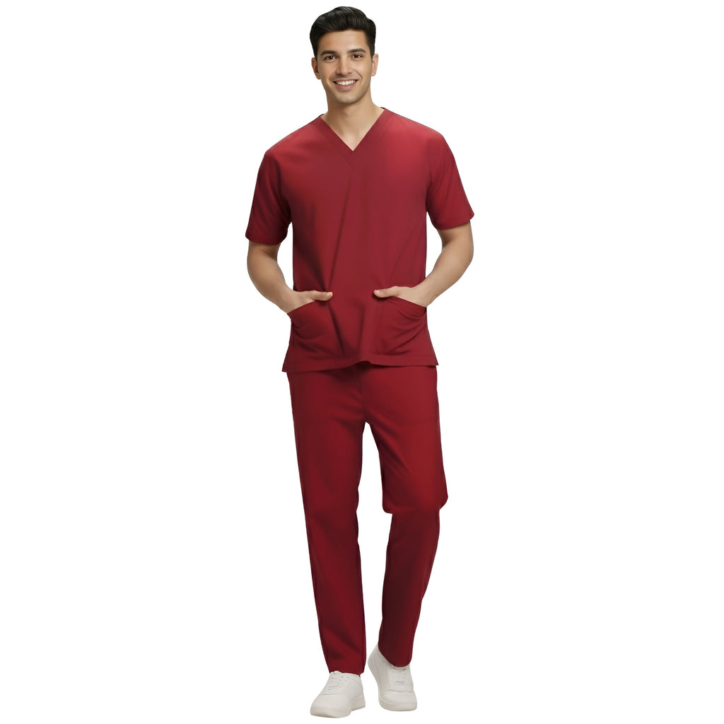 Medical Scrubs Set Men Comfort Fit – Maroon V-Neck T-Shirt & Pants