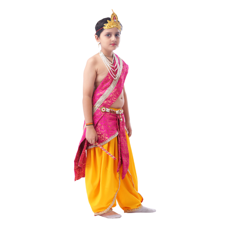 Little Krishna Costume for Kids Wearing Ornate Crown, Pearl Necklaces, and Yellow Dhoti Ensemble