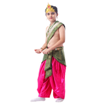 Krishna Dress-Up Kid Portraying a Divine Character with Elegant Crown, Jewelry Layers, and Vibrant Ethnic Outfit