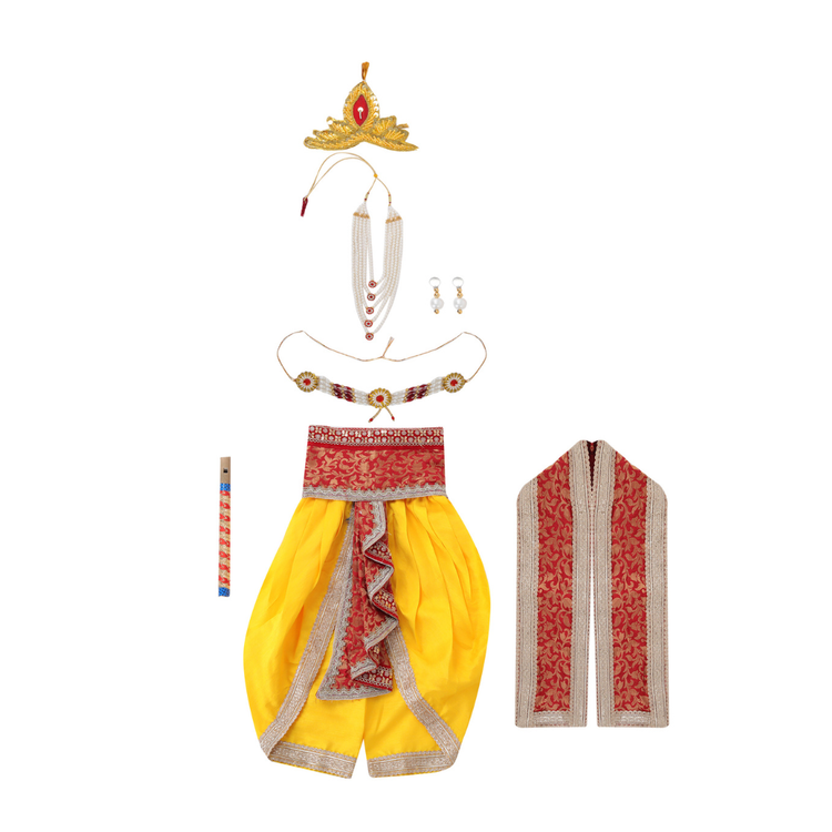 Krishna Fancy Costume for Kids Dress Red Pakta - Yellow Dhoti Includes Accessories