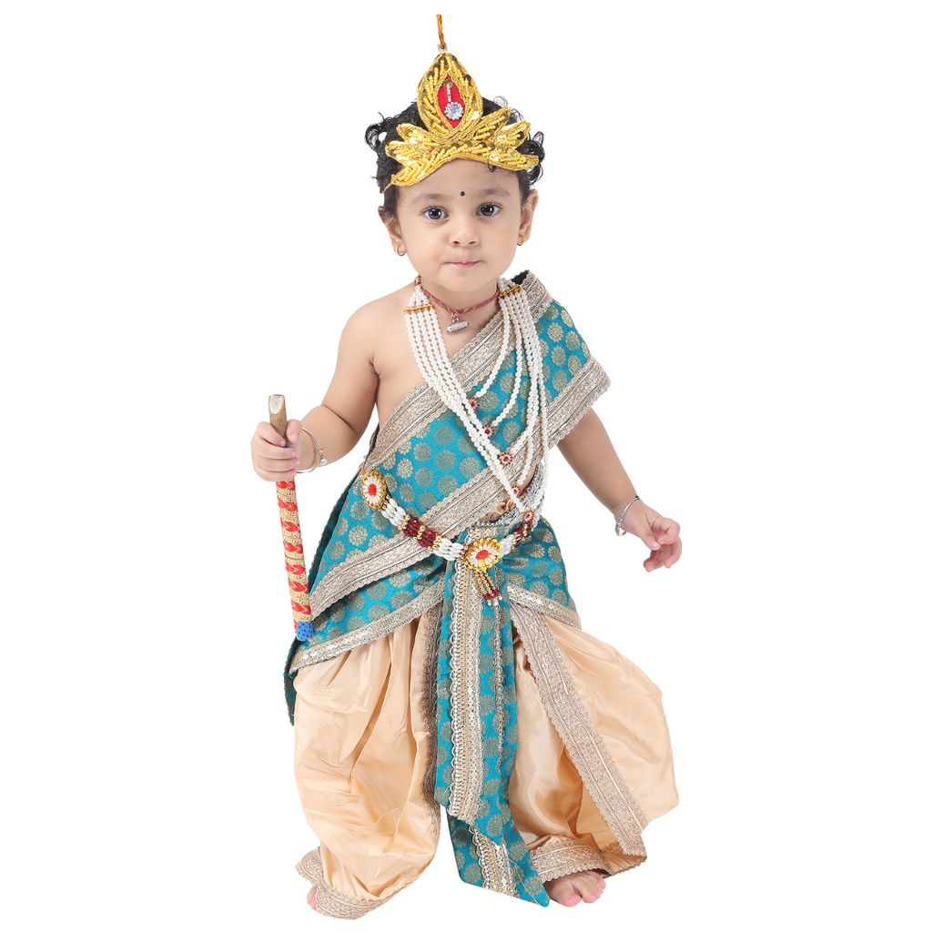 Krishna Fancy Costume for Kids Dress Teal Green Pakta - Golden Dhoti Includes Accessories