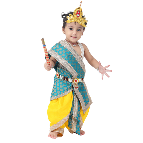 Bal Gopal Costume for Kids | Janmasthami Mythological Character Dress For Baby Boy | Green Patka - Elastic Yellow Dhoti