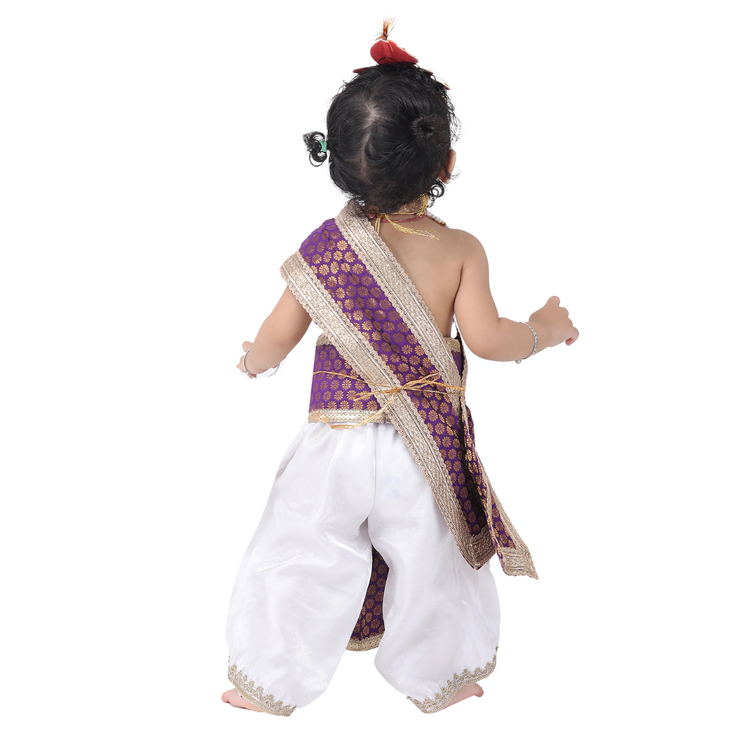 Krishna Fancy Costume for Kids Dress Purple Pakta - White Dhoti Includes Accessories