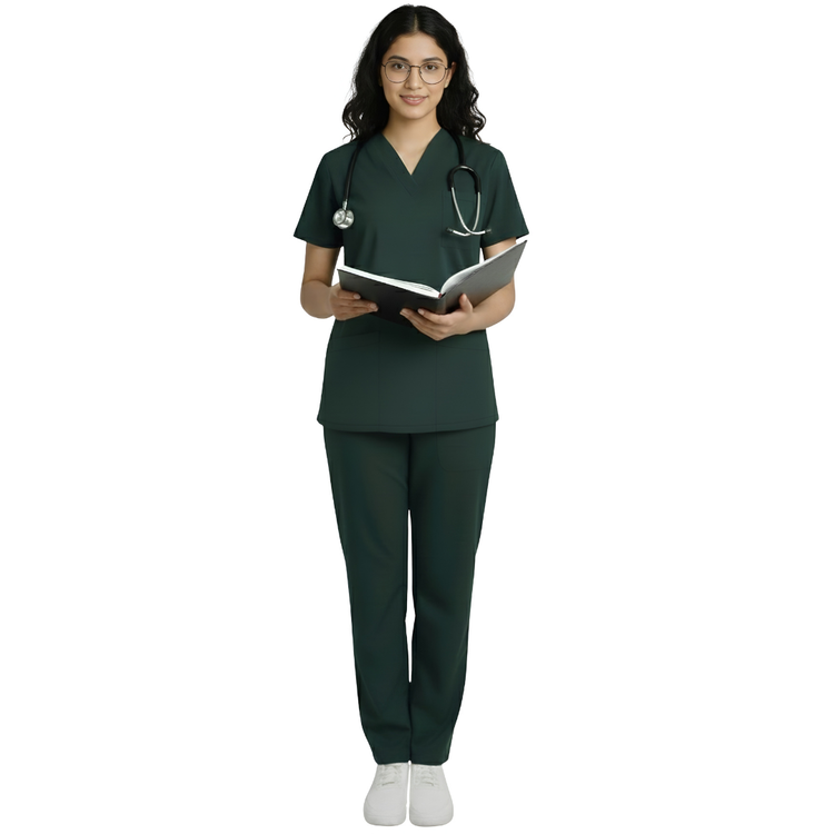 Medical Scrubs Set Women Comfort Fit – Dark Green V-Neck T-Shirt & Pants