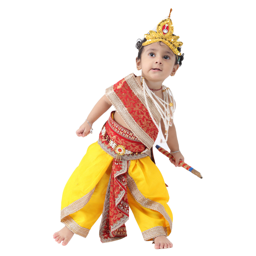 Krishna Fancy Costume for Kids Dress Red Pakta - Yellow Dhoti Includes Accessories