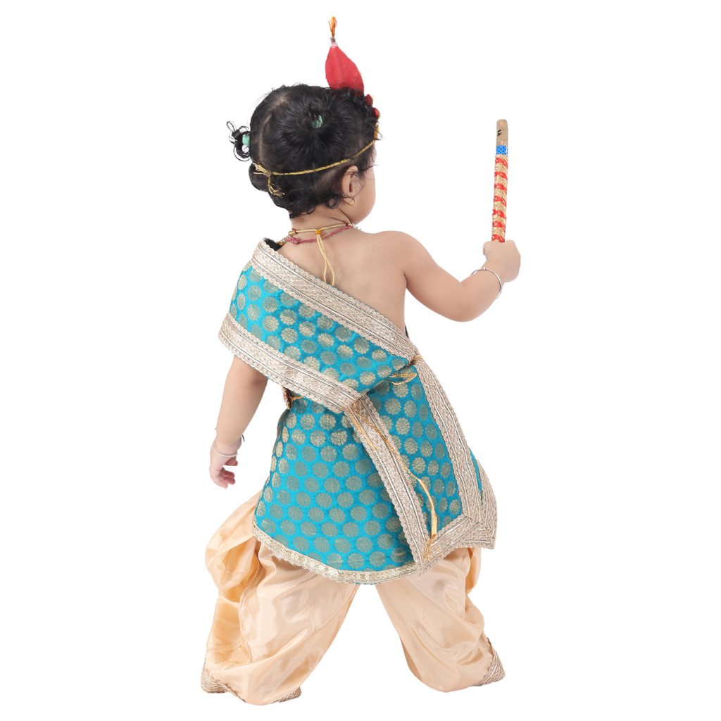 Krishna Fancy Costume for Kids Dress Teal Green Pakta - Golden Dhoti Includes Accessories