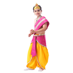 Little Krishna Costume for Kids Wearing Ornate Crown, Pearl Necklaces, and Yellow Dhoti Ensemble