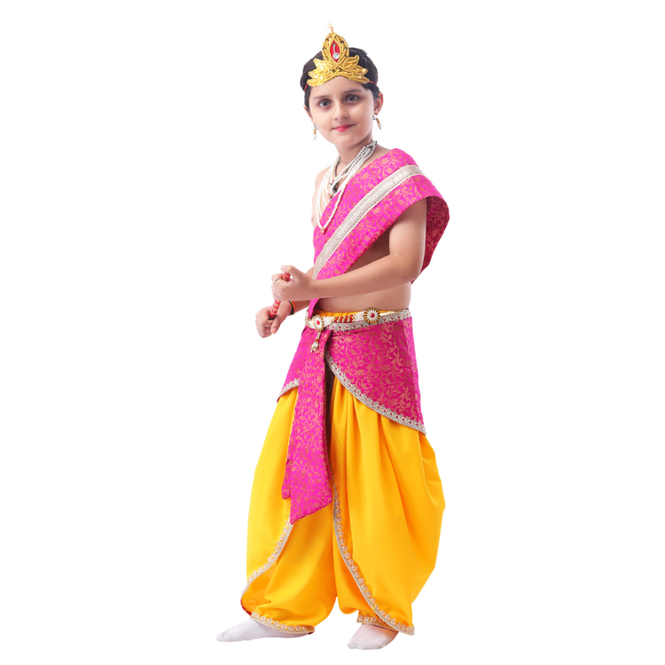 Little Krishna Costume for Kids Wearing Ornate Crown, Pearl Necklaces, and Yellow Dhoti Ensemble