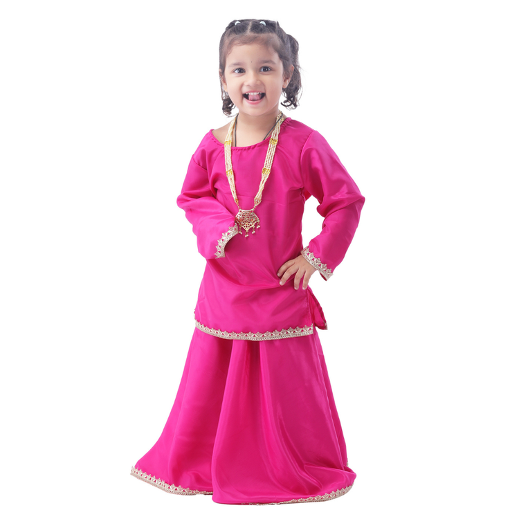 Little Girls Pink Lehenga Choli Set with Embellished Border and Necklace Accessory