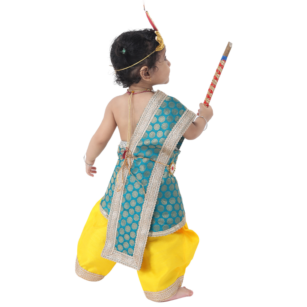 Krishna Fancy Costume for Kids Dress Teal Green Pakta - Yellow Dhoti with Accessories