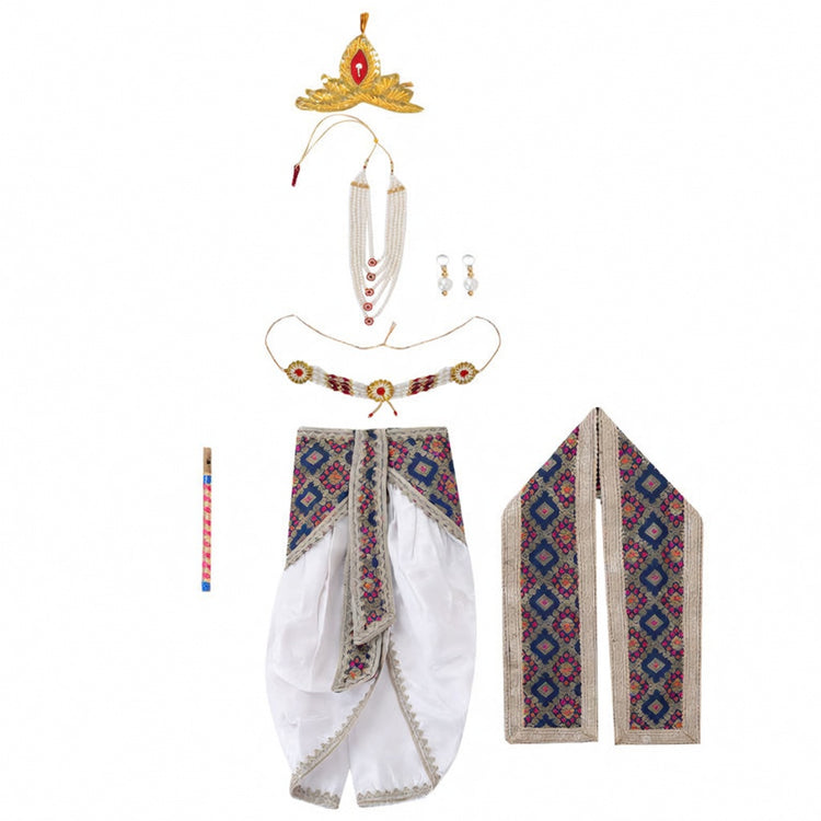 Krishna Costume for Kids - Multicolour Patka & White Dhoti - accessories set