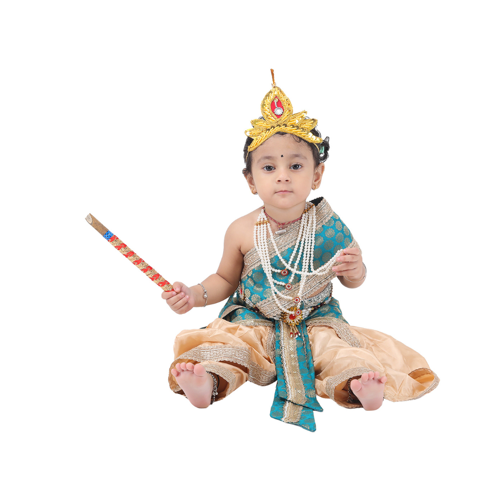 Krishna Fancy Costume for Kids Dress Teal Green Pakta - Golden Dhoti Includes Accessories