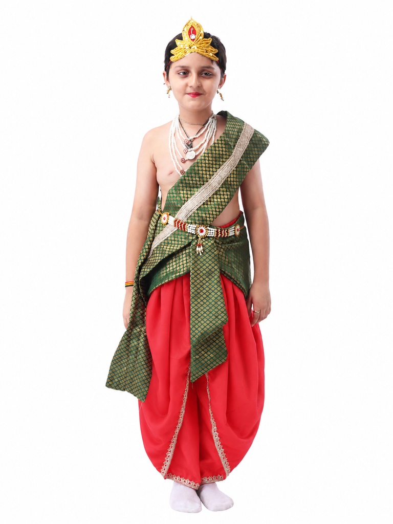 Bal Gopal Costume for Kids Includes Crepe Pink Dhoti - Embroidery Green Patka and Accessories Dress Ready For Janmasthami