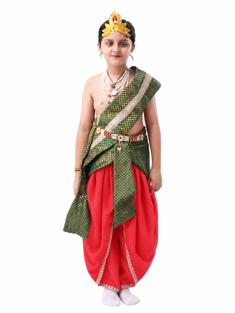 Bal Gopal Costume for Kids Includes Crepe Pink Dhoti - Embroidery Green Patka and Accessories Dress Ready For Janmasthami