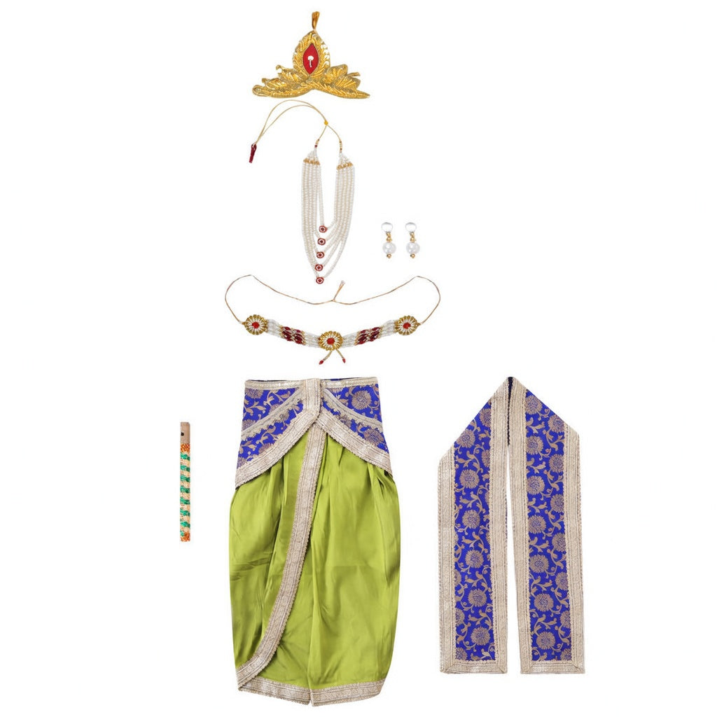 Krishna Costume for Kids - Blue Patka & Parrot Green Dhoti - accessories set