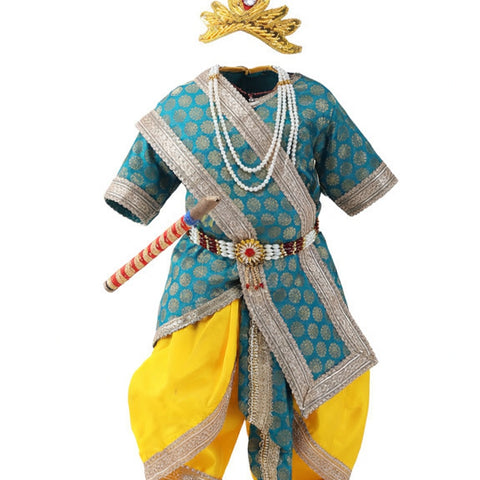 Krishna Costume for Kids - Teal Green Patka & Yellow Dhoti - front