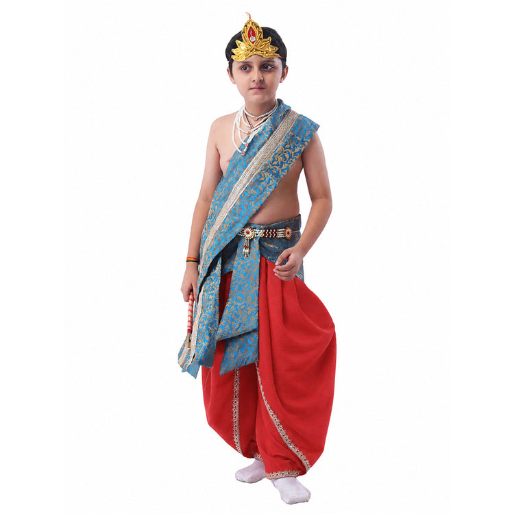 Bal Gopal Costume for Kids Includes Crepe Red Dhoti - Embroidery Teal Blue Patka and Accessories Dress Ready For Janmasthami