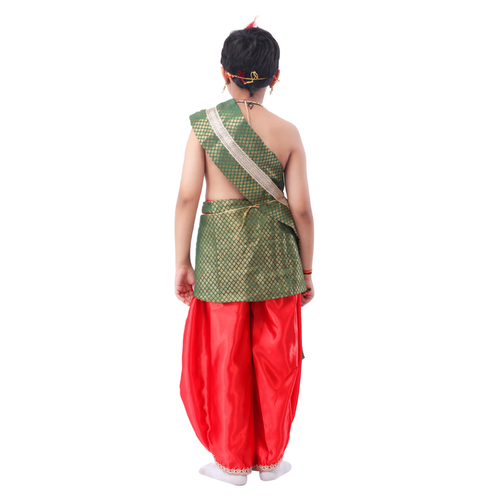 Kids Krishna Fancy Dress Costume Back View - Red Dhoti with Green Patka