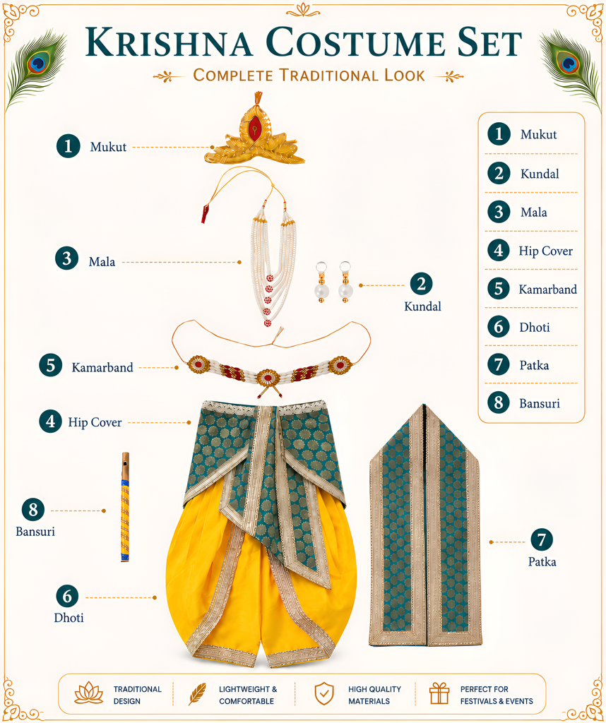 Bal Gopal Costume for Kids | Janmasthami Mythological Character Dress For Baby Boy | Green Patka - Elastic Yellow Dhoti