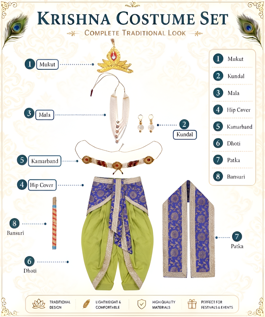 Krishna Costume for Baby Boy | Angrakha Dupion Silk Blue Patka - Green Dhoti | With Accessories Dress Ready Janmashtami