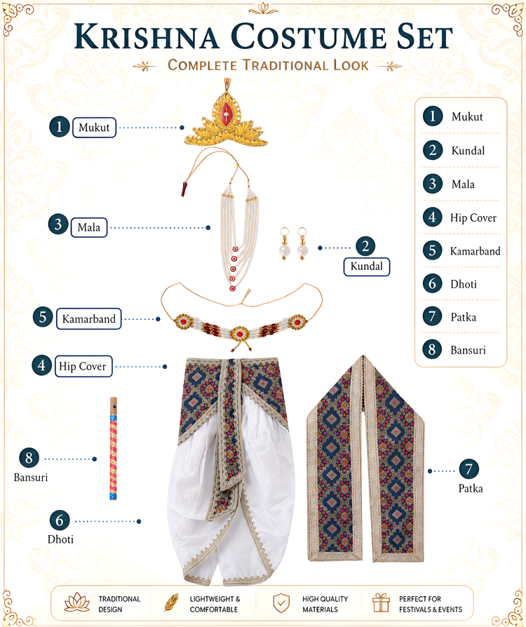Krishna Costume for Baby Boy, Janmasthami Dress For Kids (Blue Patka - White Dhoti) Includes Eight Accessories