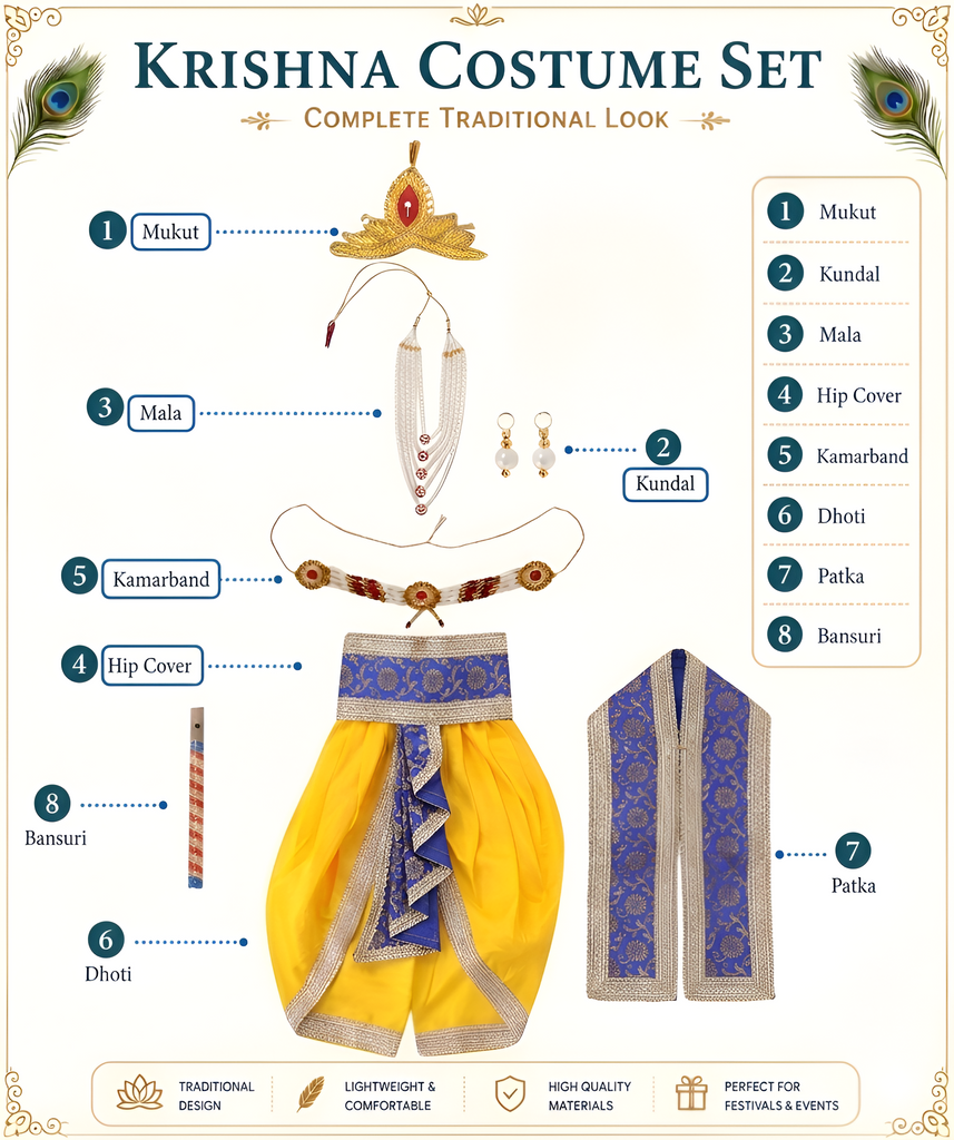Krishna Costume for Kids, Laddu Gopal Dress for Baby Boy, Janmashtami Mythological Fancy Dress Set