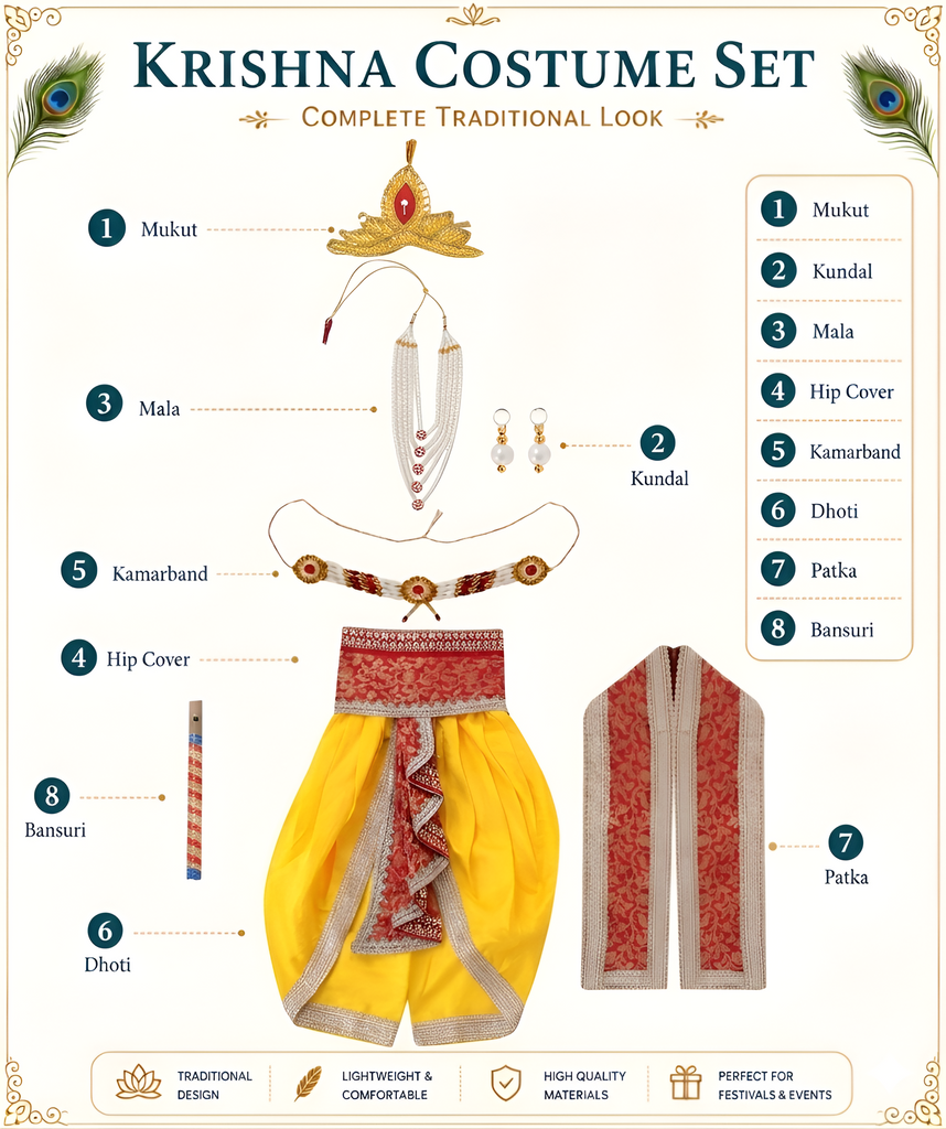 Laddu Gopal Fancy Dress for Baby Boy, Krishna Costume for Kids, Little Kahna Janmashtami Outfit Set