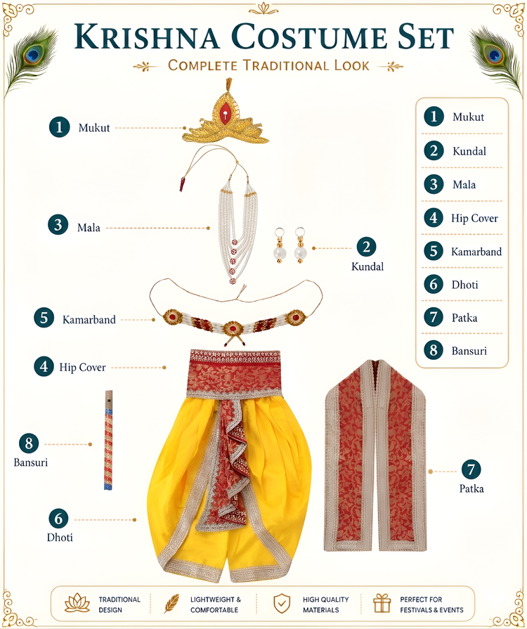 Laddu Gopal Fancy Dress for Baby Boy, Krishna Costume for Kids, Little Kahna Janmashtami Outfit Set