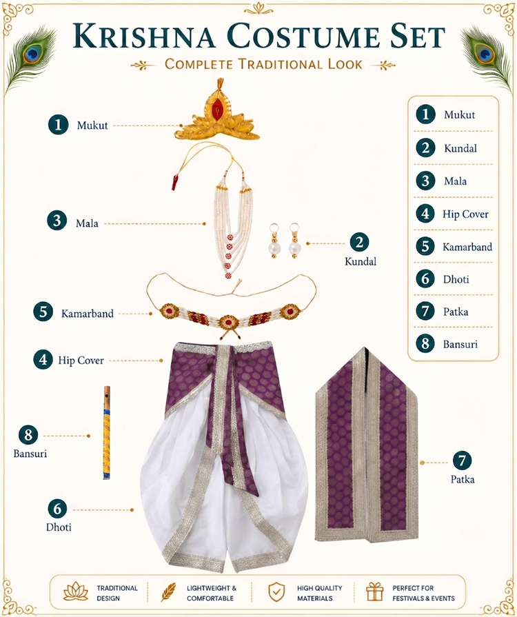 Shri Krishna Dress for Baby Boy | Embroidery Kahna Costume for Kids with Patka - Dhoti | Janmashtami Photoshoot Outfit | Bal Gopal Fancy Cloth Set
