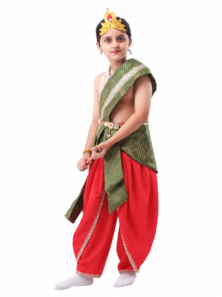 Bal Gopal Costume for Kids Includes Crepe Pink Dhoti - Embroidery Green Patka and Accessories Dress Ready For Janmasthami