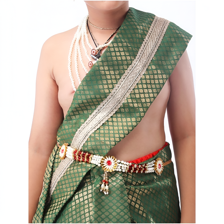 Krishna dhoti kurta set red green crepe full view
