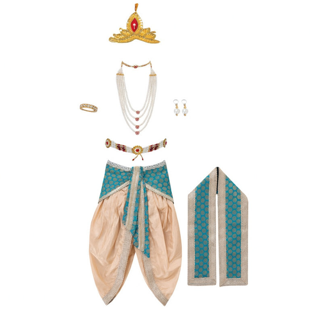 Krishna Costume for Kids - Teal Patka & Cream Dhoti - accessories set